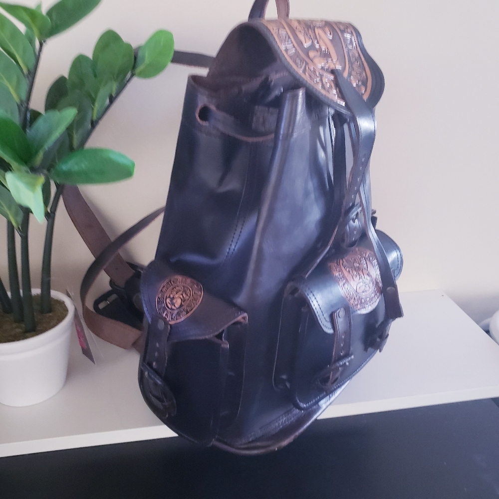 Handcrafted Tooled Leather Backpack - O/S Made In MEXICO - Picture 6 of 15